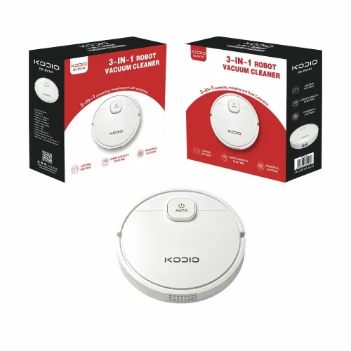 cd-rv101-wholesale-robot-vacuum-with-retail-packaging CD-RV101 smart robot vacuum sweeper displayed with custom red and black retail packaging, ready for OEM and bulk wholesale.