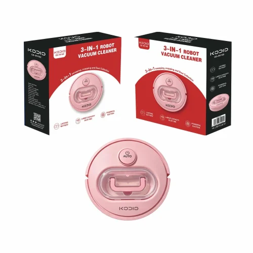 cd-rv102-pink-robot-vacuum-retail-packaging Kodio CD-RV102 pink smart robot vacuum cleaner displayed with custom retail packaging, ideal for OEM and bulk wholesale orders