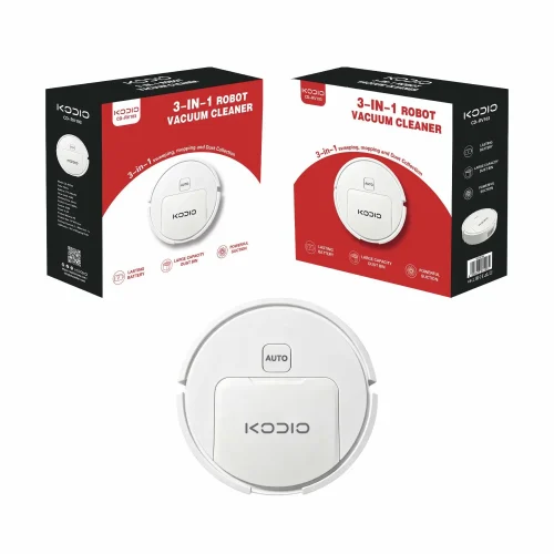cd-rv103-mini-robot-vacuum-retail-packaging-oem Kodio CD-RV103 5.5cm ultra-thin mini robot vacuum cleaner displayed with custom red and black retail packaging boxes for bulk wholesale.