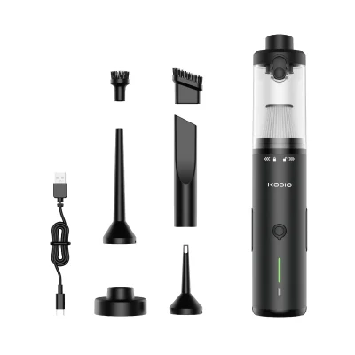 cd-vc202-portable-vacuum-with-multifunctional-nozzles CD-VC202 high-power portable vacuum displayed with 6 interchangeable nozzles and Type-C cable.