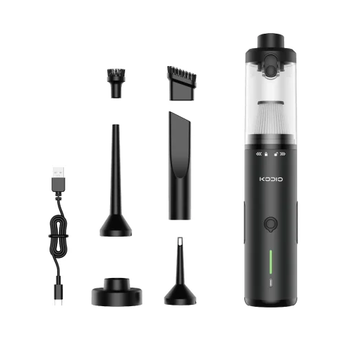 cd-vc202-portable-vacuum-with-multifunctional-nozzles CD-VC202 high-power portable vacuum displayed with 6 interchangeable nozzles and Type-C cable.