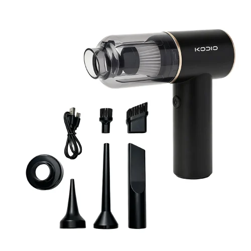 cd-vc203-vacuum-cleaner-with-multifunctional-nozzles CD-VC203 portable vacuum cleaner displayed with 6 interchangeable nozzles and Type-C charging cable.