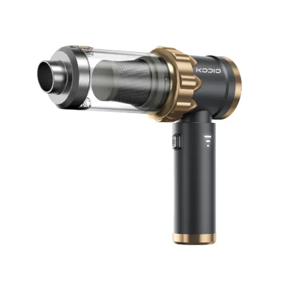 CD-VC204 3-in-1 cordless car vacuum cleaner in black and gold, shown with complete 6-piece nozzle set.
