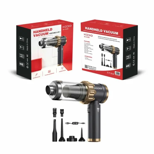 cd-vc204-wholesale-vacuum-cleaner-complete-set-packaging Complete CD-VC204 handheld vacuum set featuring the main unit, multi-functional nozzles, and retail packaging boxes.