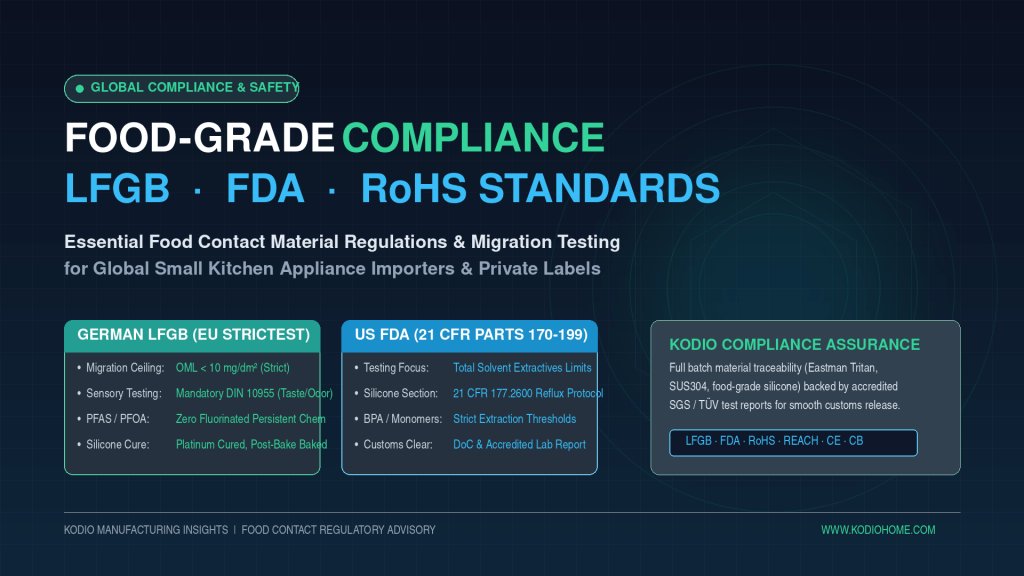 Food-Grade Compliance for Small Appliances: What Importers Must Know About LFGB, FDA, and RoHS 2 Food-grade compliance guide for small appliances covering German LFGB, US FDA, and RoHS testing standards