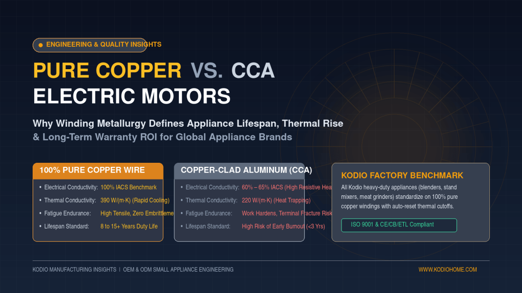 echnical comparison banner between 100% pure copper motor and copper-clad aluminum CCA motor for small kitchen appliances