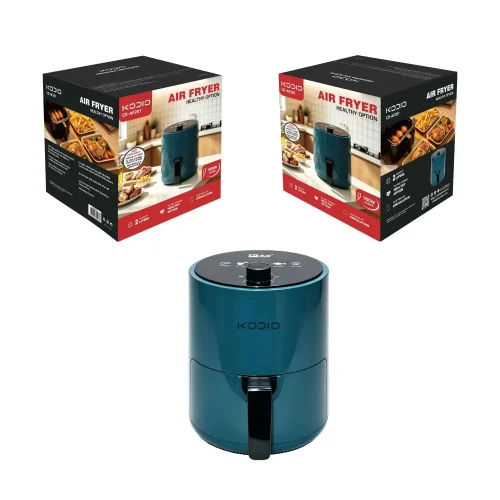 cd-af201-2l-air-fryer-retail-gift-box-packaging Kodio CD-AF201 2L compact air fryer displayed with custom retail gift boxes, ready for OEM and B2B wholesale export.