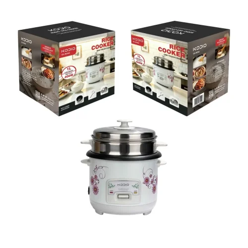 cd-rc502-1-2l-rice-cooker-with-steamer-retail-box Kodio CD-RC502 1.2L electric rice cooker with a steel steamer and floral design, displayed with custom retail gift boxes for B2B wholesale.