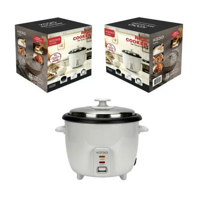 cd-rc506-white-mini-rice-cooker-compact-retail-box Kodio CD-RC506 1.0L white electric rice cooker displayed with space-saving custom retail gift boxes, optimized for maximum container loading in B2B wholesale.